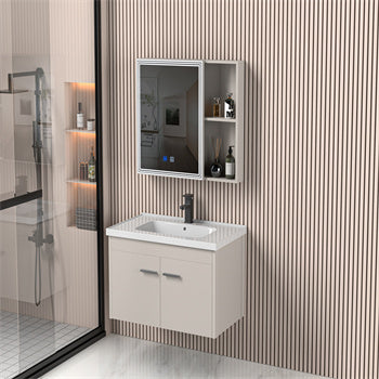 High-grade light luxury white woven opalescent bathroom mirror set luxury minimalist aluminum room bathroom cabinet