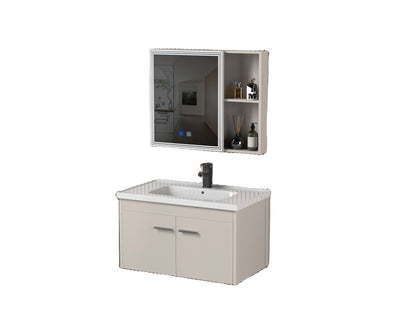 Lavabo de aleación de aluminio gris claro de lujo, juego de espejo para tocador, mueble de baño minimalista de aluminio para habitación